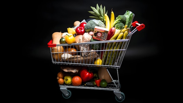 Supermarket cart filled with products on black background neural network generated image