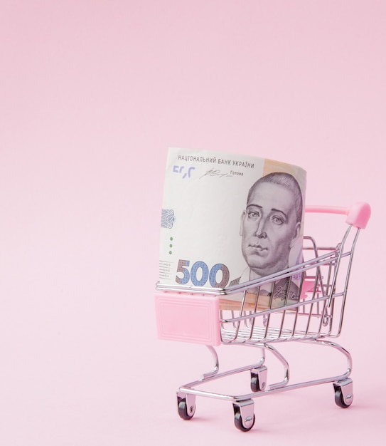 Supermarket Cart Full of UAH banknotes on a pink background