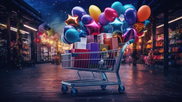 Supermarket cart with full of colorful balloons