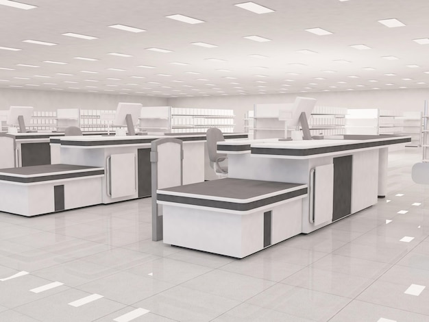 Supermarket cash registers or checkout counters 3d rendering illustration