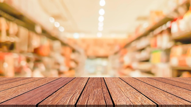 Photo supermarket convenience store background with beige wood perspective tabletop