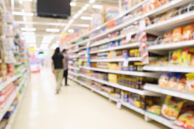 Supermarket discount store aisle and product shelves interior defocused abstract blur background