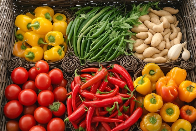 Supermarket display basket filled with organic veggies tomatoes peppers