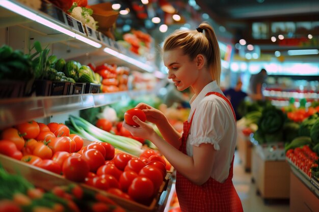Supermarket employee in a red apron checks the quality of tomatoes at the vegetable counter
