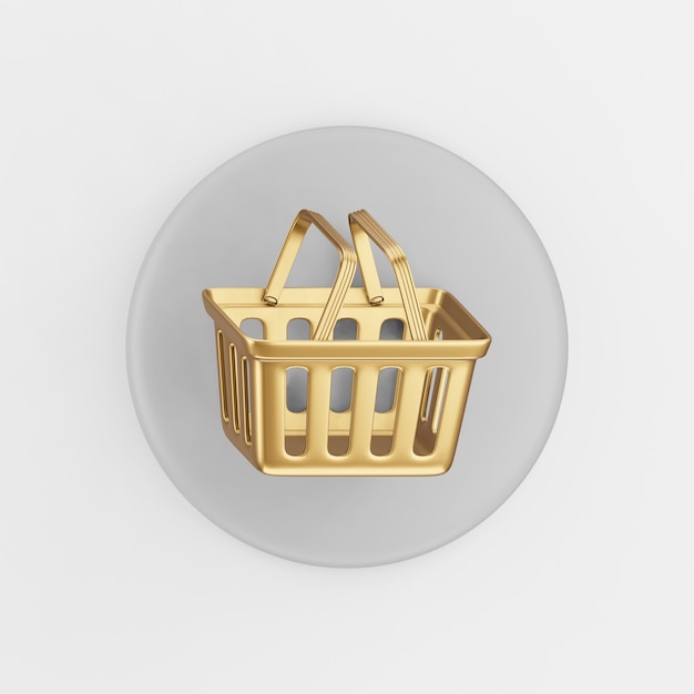 Supermarket golden shopping basket icon. 3d rendering gray round key button, interface ui ux element.