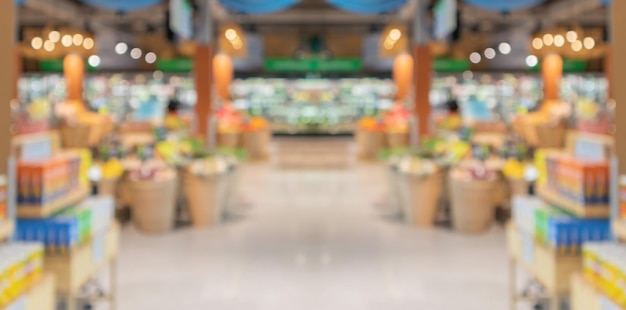 Supermarket grocery store aisle and shelves blurred background