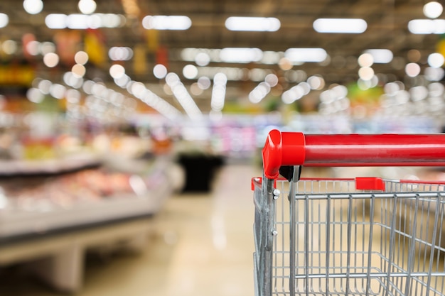 Supermarket grocery store with fruit and vegetable shelves interior