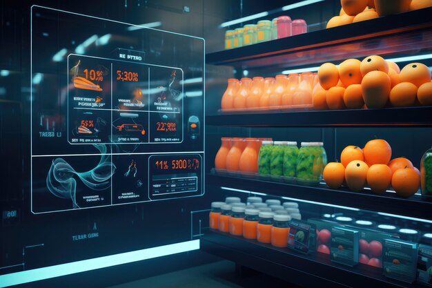 Supermarket has a wide aisle full of fruit and vegetables bright lighting from bulbs Generative AI