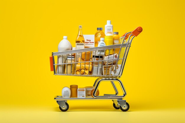 Supermarket interior filled with the fruit of the shopping cart