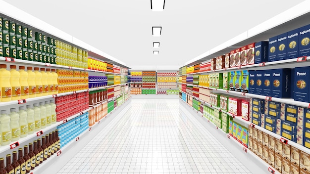 Supermarket interior and shopping cart with various products