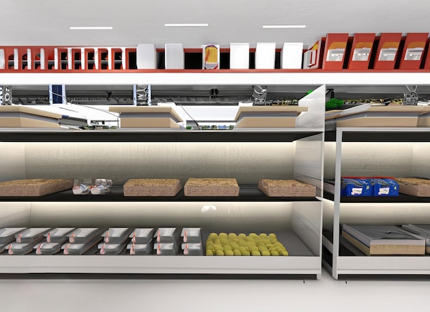 Supermarket interior with shelves box products and banners Blank rectangle shelfstoppers attached to empty shelf 3D Rendering