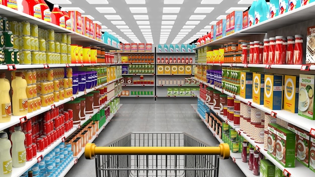 Photo supermarket interior with shelves full of various products and empty trolley basket