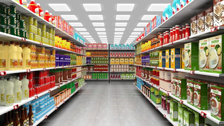 Supermarket interior with shelves full of various products