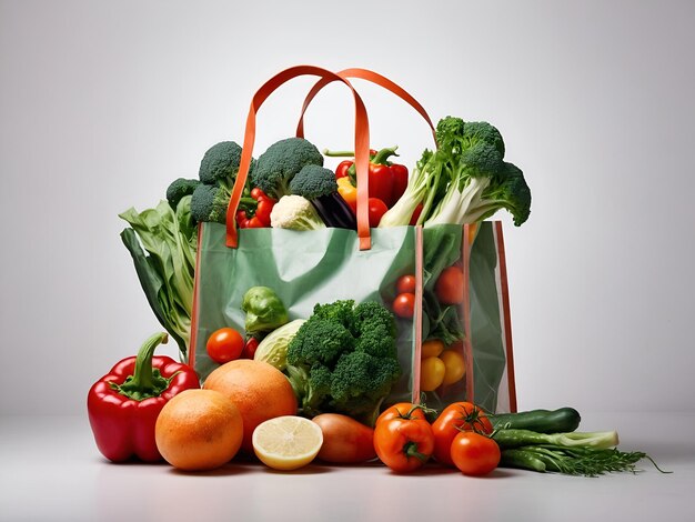 Foto sacchetto di carta di supermercato pieno di cibo sano su trasparente