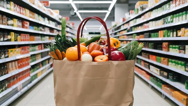 Бумажный мешок из супермаркета, полный здоровой пищи.