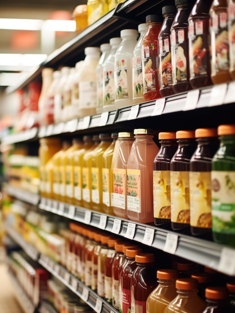 A supermarket shelf closeup photo of various products