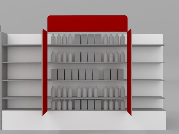 Supermarket shelf with flags or shelfstopper shelves with products 3d rendering illustration