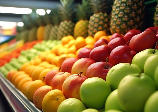 Supermarket shelf with various ripe fresh organic fruitsAI Generative