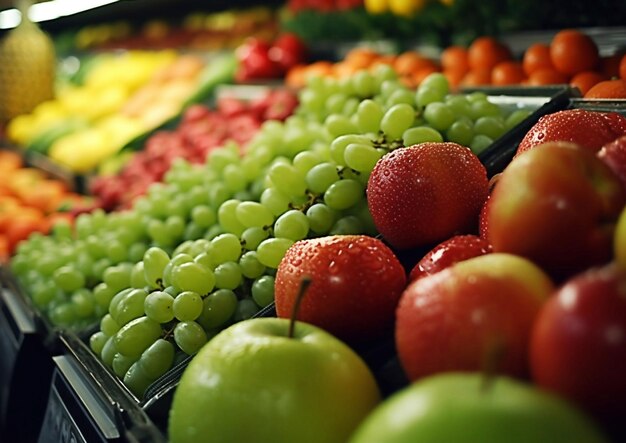 Supermarket shelf with various ripe fresh organic fruitsAI Generative