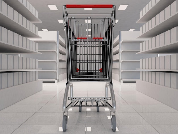 Полки и проход супермаркета с пустой красной корзиной для покупок 3d-рендеринг иллюстрации
