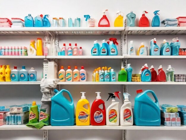 Photo supermarket shelves with detergent