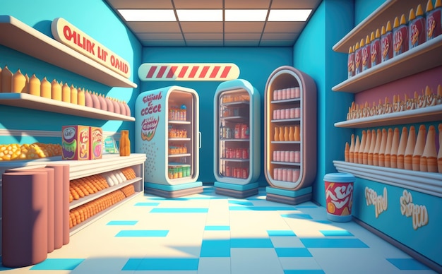 A supermarket shop cartoon background illustrations for kids cartoon style ai generated