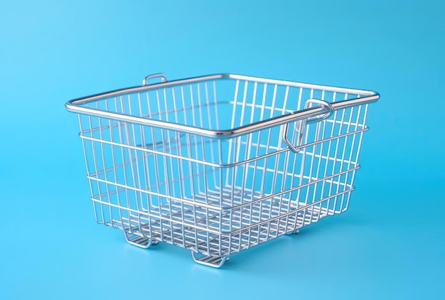 Supermarket shopping basket on light blue background