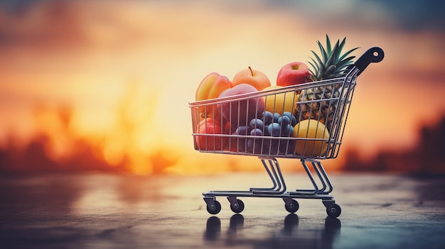 コピースペース付きの果物と野菜がいっぱい入ったスーパーマーケットのショッピングカート