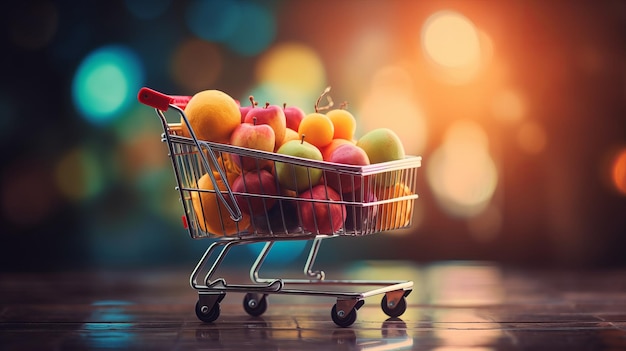 Supermarket Shopping Cart Full of Fruits and Vegetables with Copy Space