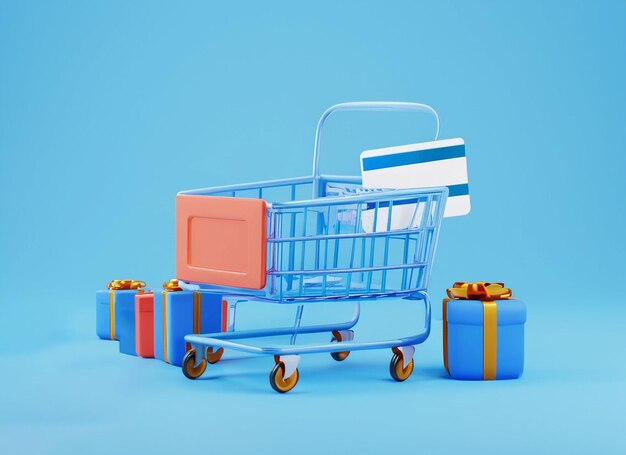 Supermarket shopping cart surrounding by giftbox with credit card