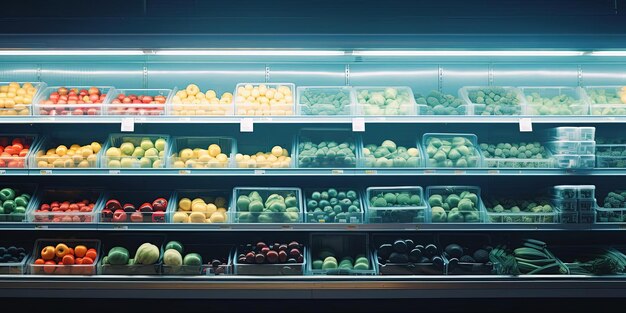 supermarket shopping shelves with fruit and vegetables in the style of glassy translucence