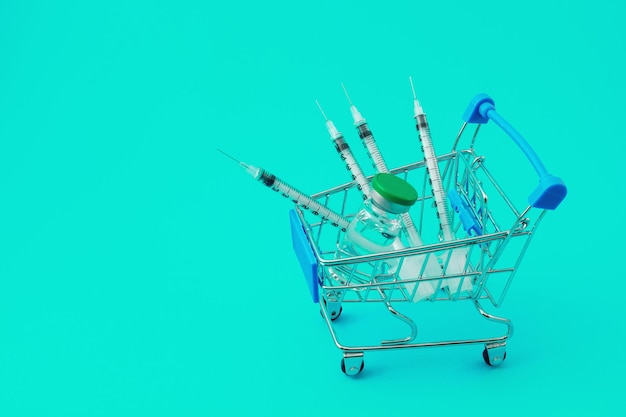 Тележка супермаркета со шприцами и ампулой на синем фоне