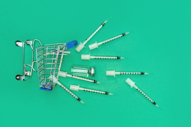 Supermarket trolley with syringes and ampoule on green background