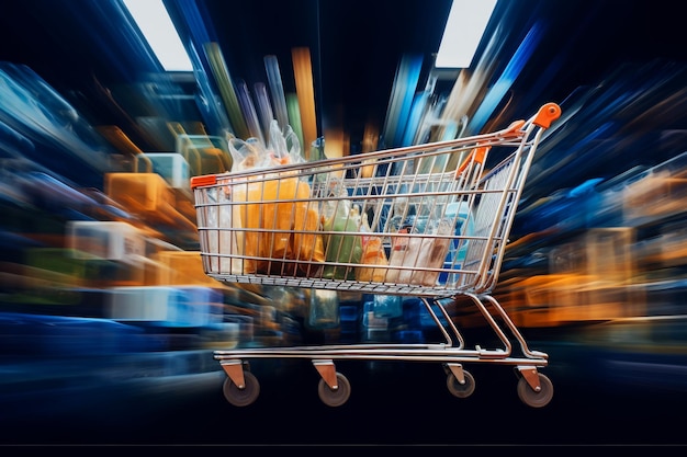 Фото Супермаркет с полками с размытым фоном с пустой корзиной для покупок на деревянном столе