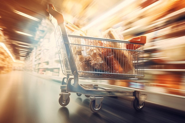 Supermarket with product shelves blur background with empty shopping cart on wood table