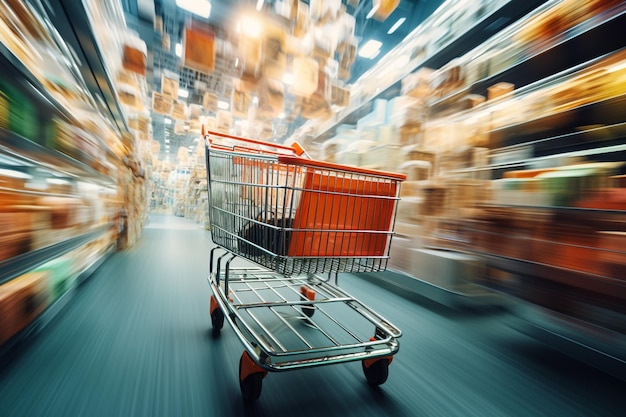 Supermarket with product shelves blur background with empty shopping cart on wood table