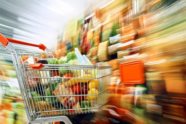 Supermarket with product shelves blur background with empty shopping cart on wood table