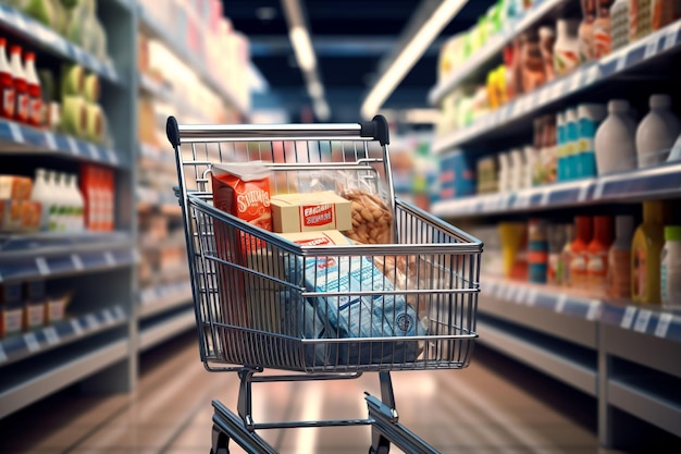 Supermarket with product shelves blur background with empty shopping cart on wood table