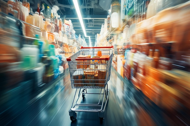 Supermarket with product shelves blur background with empty shopping cart on wood table