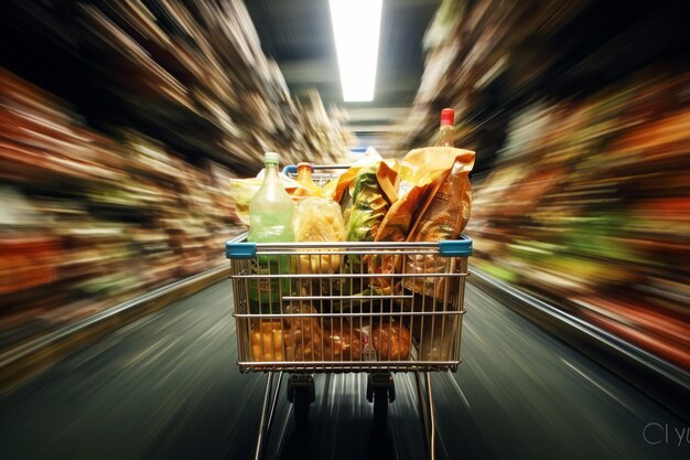 Supermarket with product shelves blur background with empty shopping cart on wood table