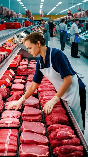 Supermarket worker organizing position in meat department