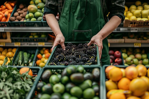 Photo supermarket worker restocking fruits section