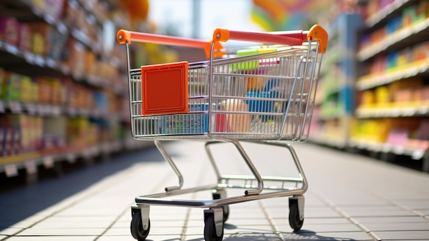 Supermarkt gang met lege rode winkelwagenSupermarkt gang met leeg rode winkelwagen