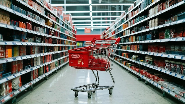 Supermarkt gang met lege rode winkelwagentje