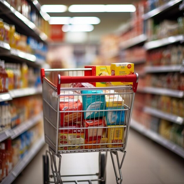 supermarkt gangpad uitzicht op een winkelwagentje en planken beeld heeft een ondiepe diepte van het veld