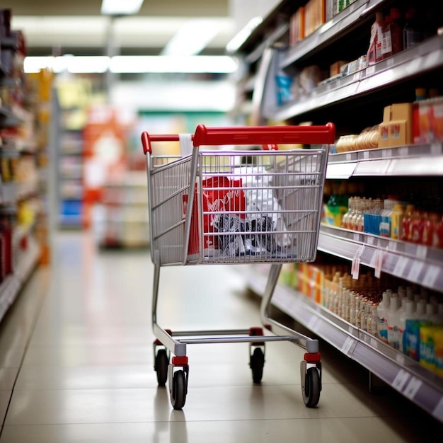 supermarkt gangpad uitzicht op een winkelwagentje en planken beeld heeft een ondiepe diepte van het veld