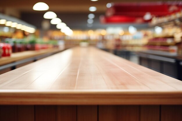 Supermarkt houten tafel toonbank vervaagde achtergrond generatief door Ai