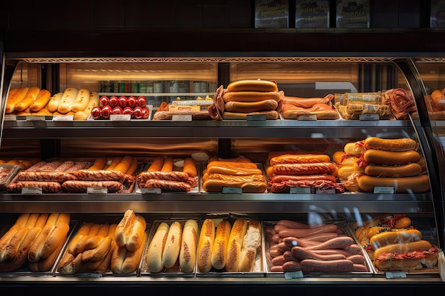 Supermarkt met hotdogs en worstjes in diverse smaken en soorten zichtbaar in vitrine