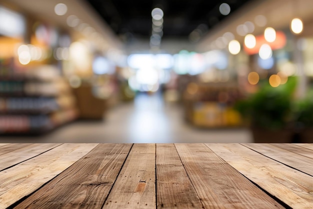 Foto supermarkt met verweerde houten producttafel op de achtergrond