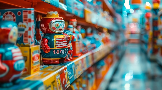 Foto supermarkt verkoop ingeblikte voedingsmiddelen op de planken achtergrond veel ingeblakte voedingsmiddelen verkoop op de plank in een supermarkt als vervaagd effect achtergrond ingeblikten voedingsmiddelen sectie